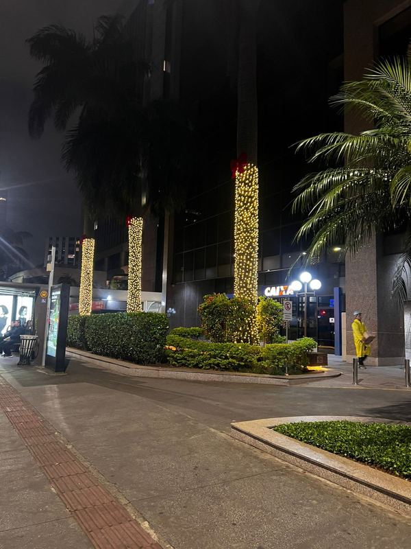 Palmeiras iluminadas na entrada de um complexo comercial