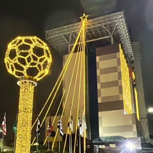 Esfera iluminada e árvore de luz na entrada de um edifício empresarial