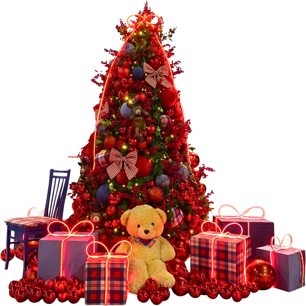 Árvore de Natal em vermelho, com presentes iluminados e urso na base